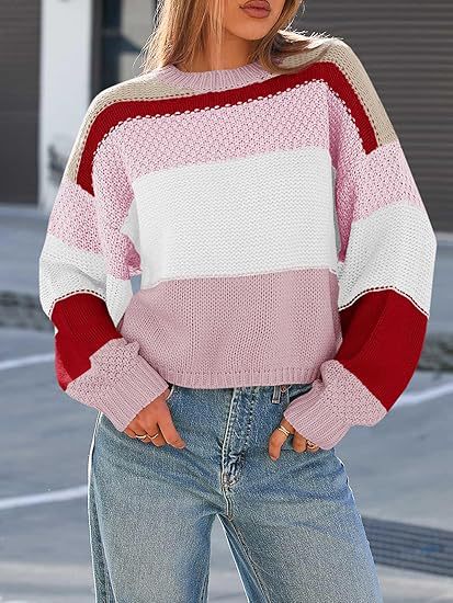 Women's Chunky Knit Sweater with Color Block Design and Oversized Fit