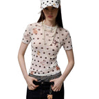 Women's Form-Fitting Polka-Dot T-Shirt with Playful Animal Design