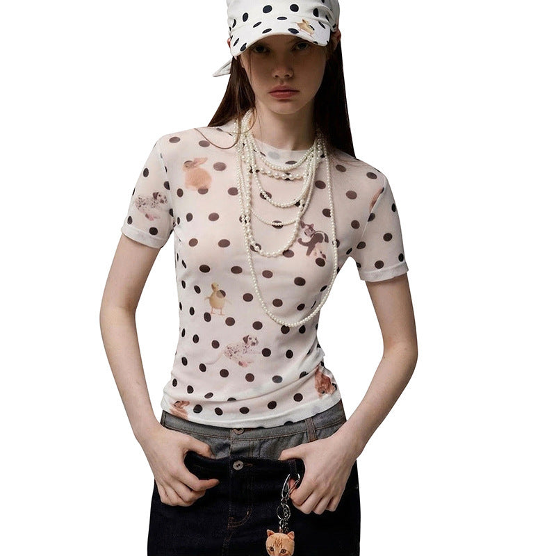 Women's Form-Fitting Polka-Dot T-Shirt with Playful Animal Design