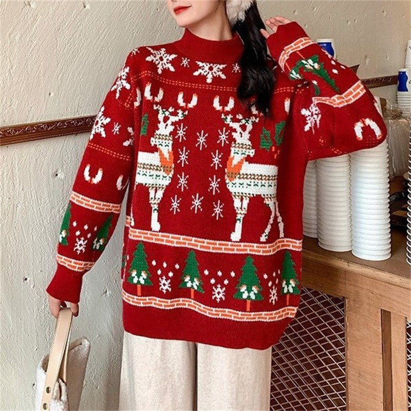 Women's Festive Sweater with 3D Reindeer Motif and High Collar