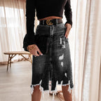 Women's Midi Denim Skirt with Frayed Hem and Vertical Slit