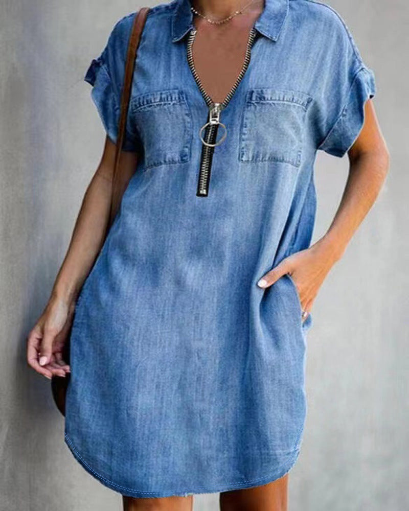 Women's Chambray Dress with Zipper and Pockets