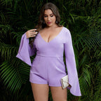 Women's Elegant Playsuit with Wide Sleeves and Deep V-Neck
