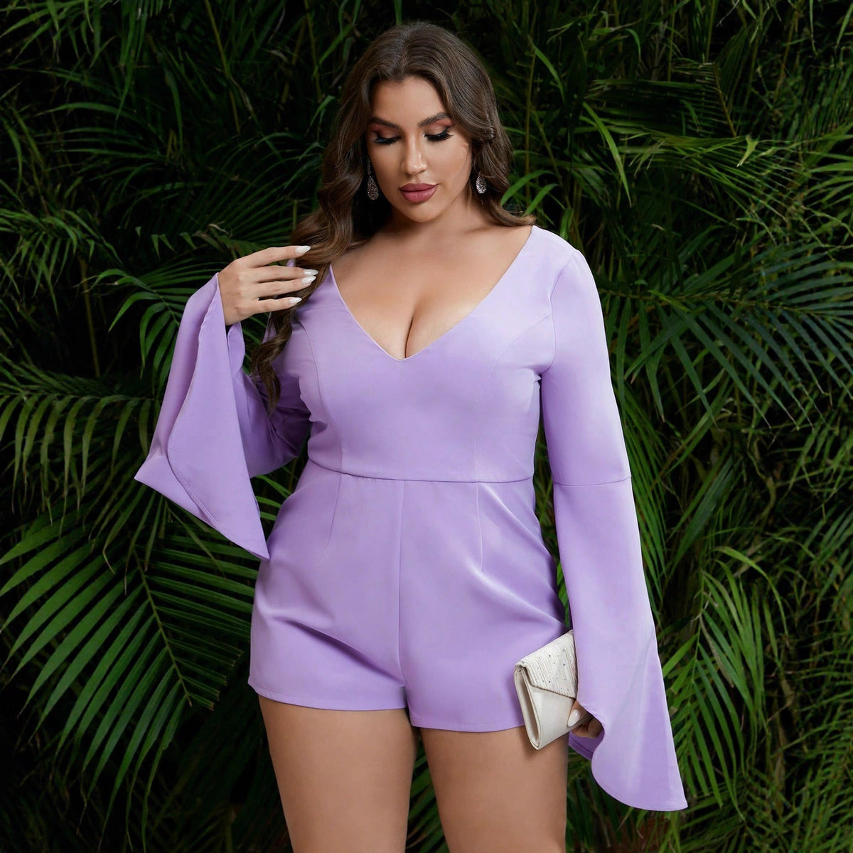 Women's Elegant Playsuit with Wide Sleeves and Deep V-Neck