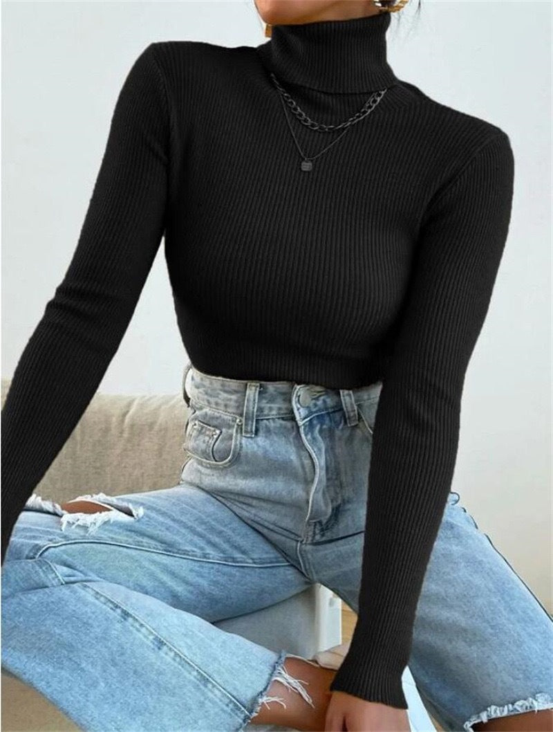 Elegant Women's Turtleneck Sweater with Fine Ribbed Texture