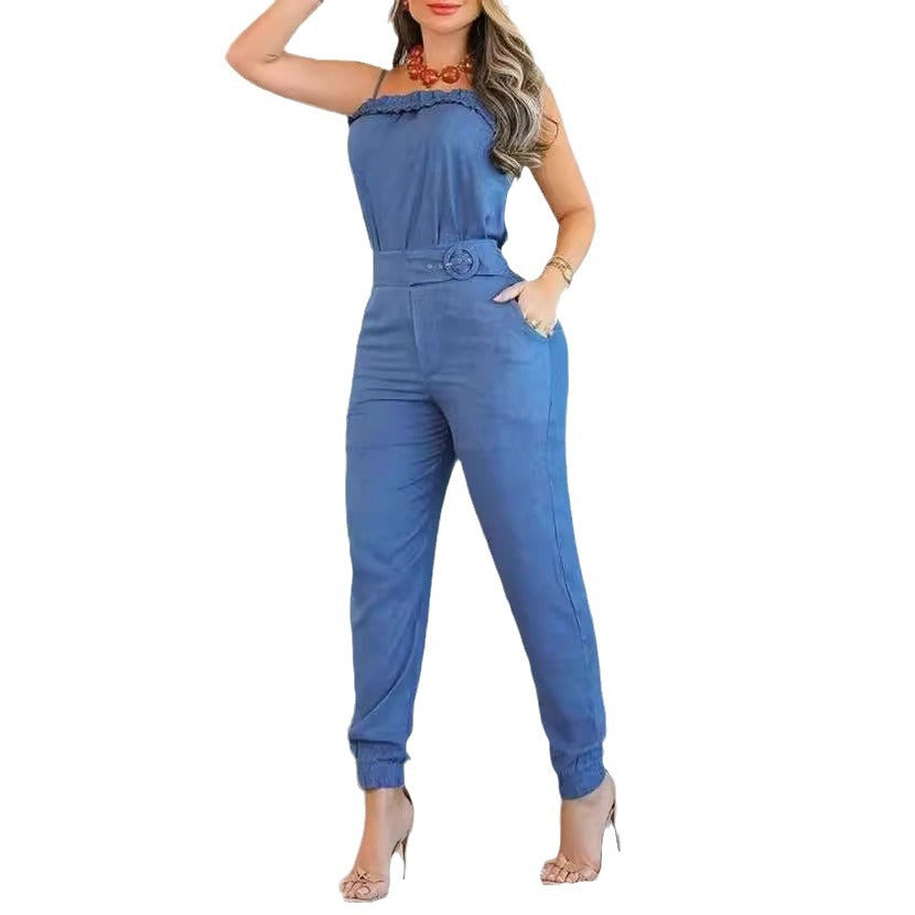Women's Casual Jumpsuit with Ruffle Details and Adjustable Waist Belt