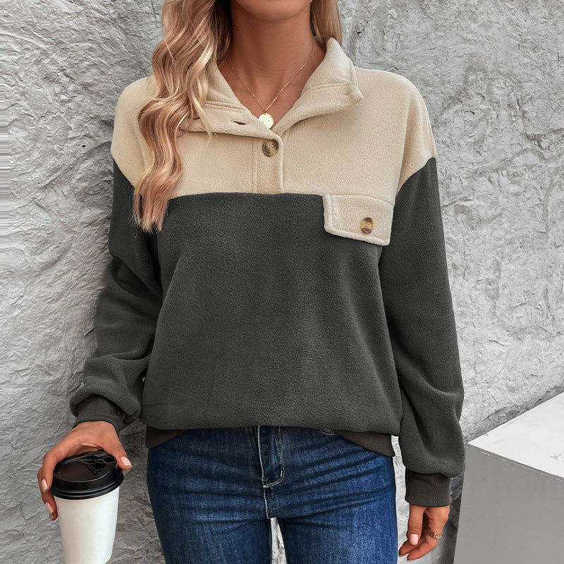 Women's Fleece Pullover with Buttoned Collar and Chest Pocket