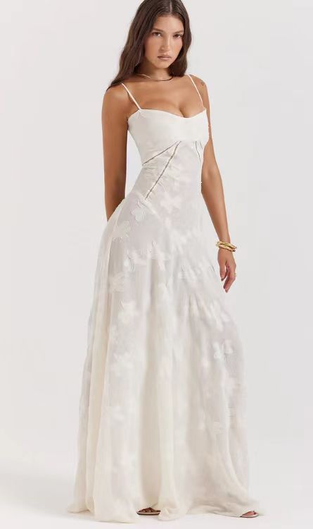 Elegant Evening Dress with Fine Lace Trim and Spaghetti Straps