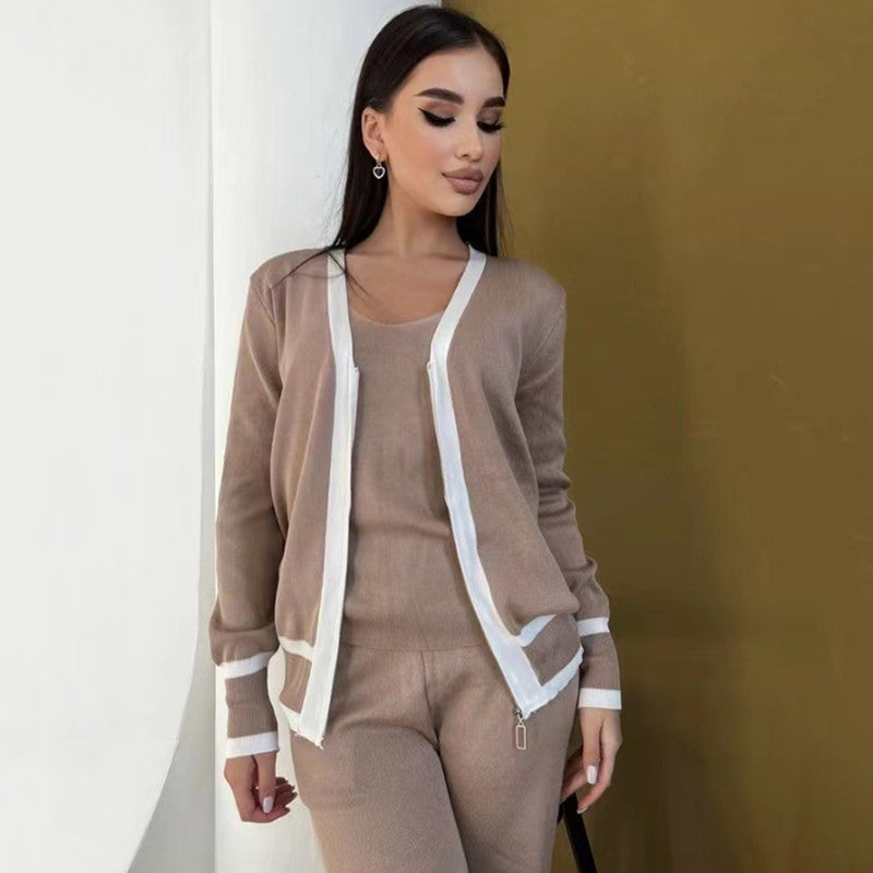 Women's Casual Knit Loungewear Set with Zip Cardigan and Wide-Leg Pants