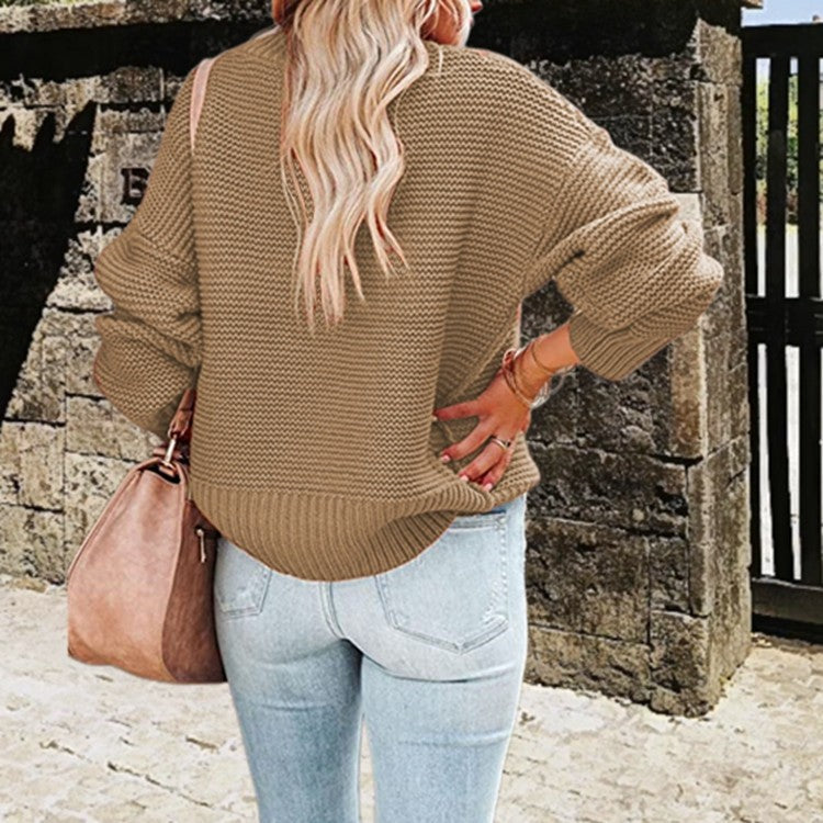Women's Chunky Knit Sweater with High Collar and Balloon Sleeves