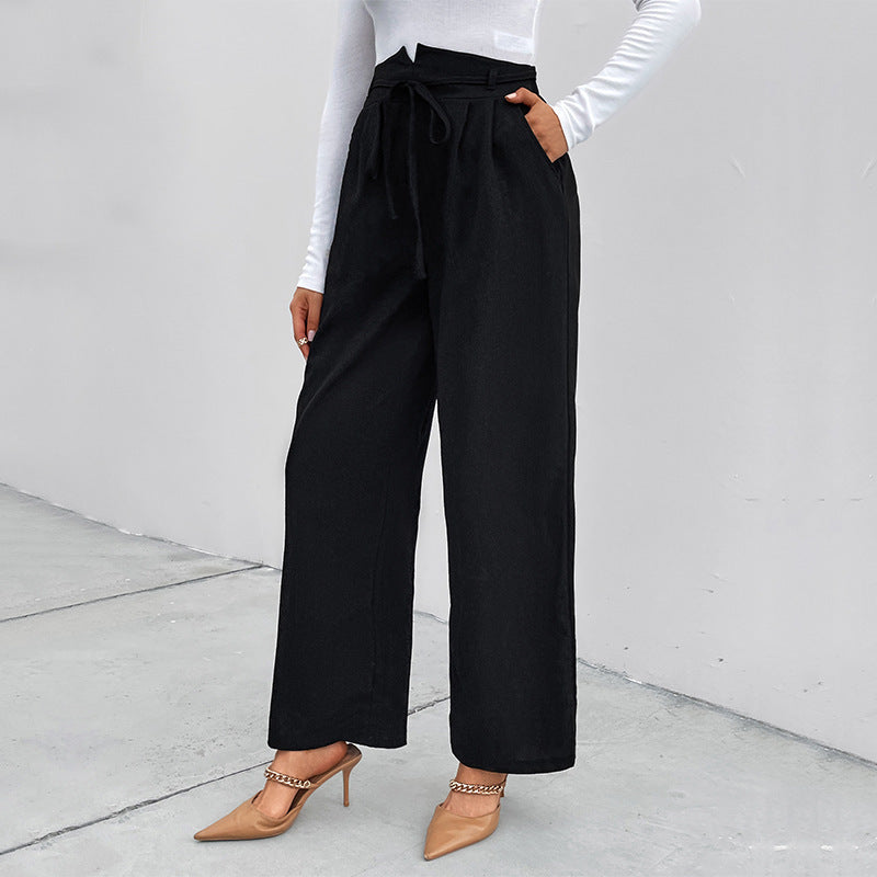 Women's Elegant Palazzo Trousers with High Waist and Tie Belt
