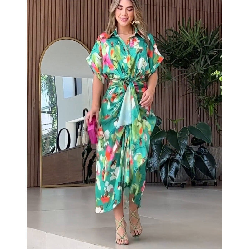 Women's Airy Caftan with Floral Design and Decorative Knot