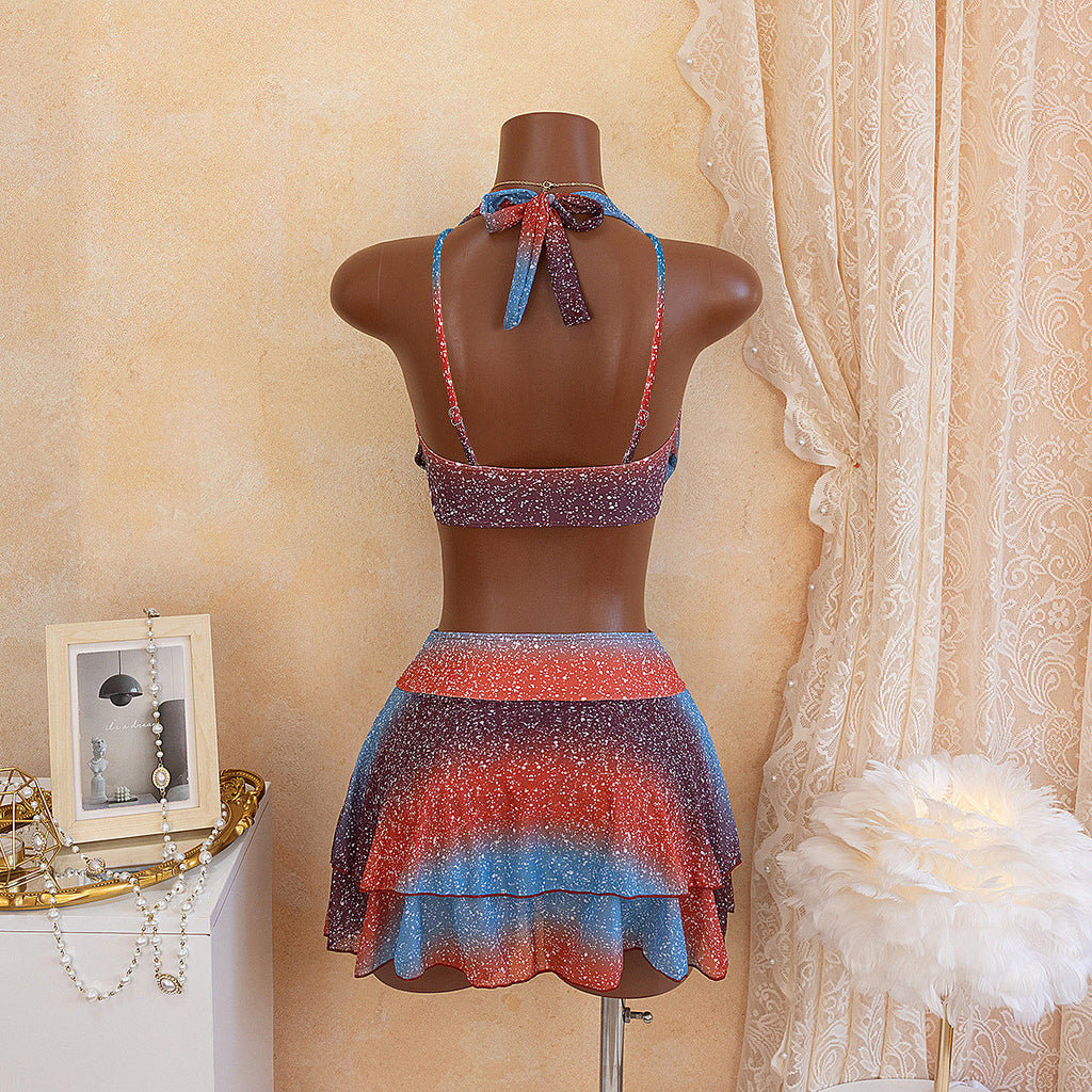 Women's Swimsuit with Deep Neckline and Shimmering Skirt
