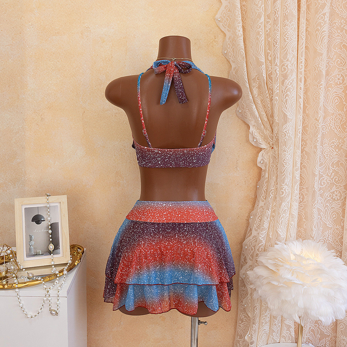 Women's Swimsuit with Deep Neckline and Shimmering Skirt