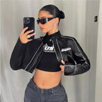 Women's Cropped Faux Leather Jacket with Sporty Details