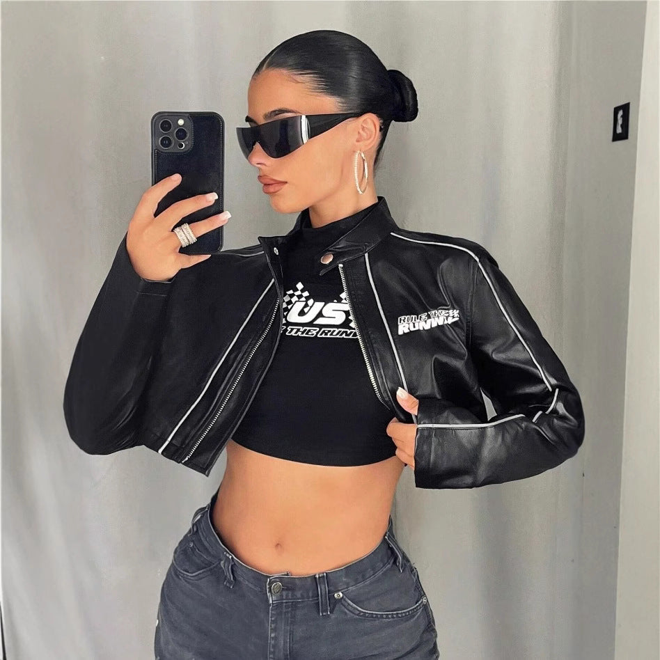 Women's Cropped Faux Leather Jacket with Sporty Details