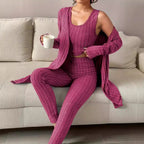 Women's Ribbed Lounge Set with Cropped Top, High-Waist Leggings and Long Cardigan