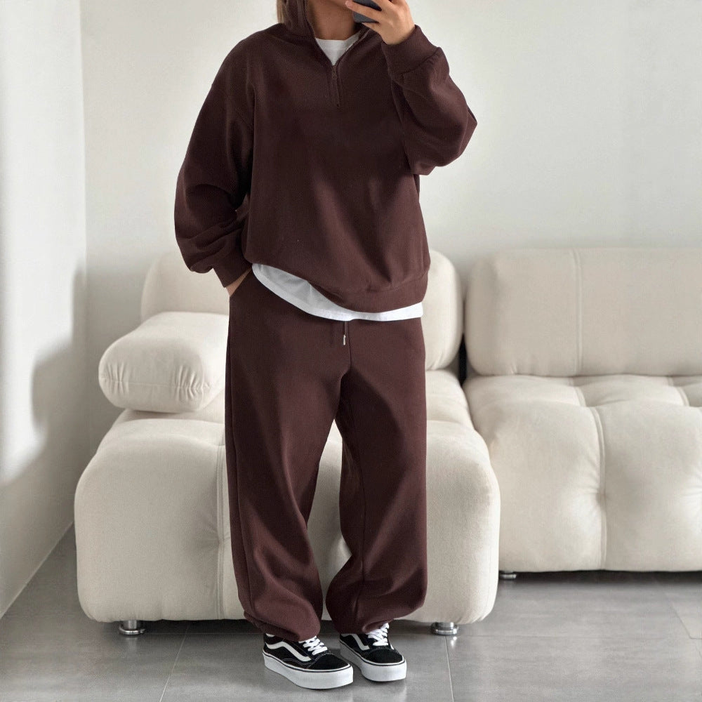 Women's Cozy Fleece Loungewear Set with Stand-Up Collar