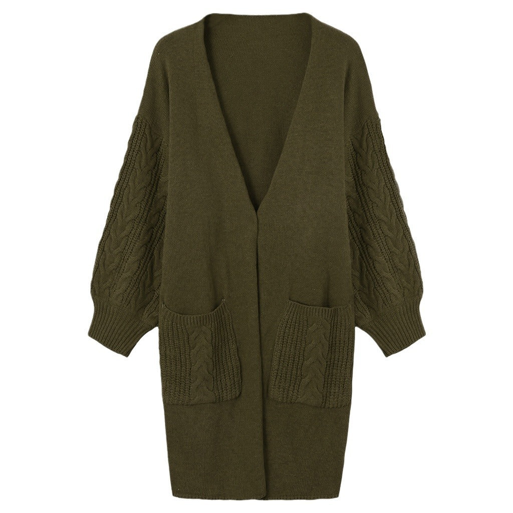 Women's Large Knit Cardigan with Voluminous Sleeves and Practical Pockets