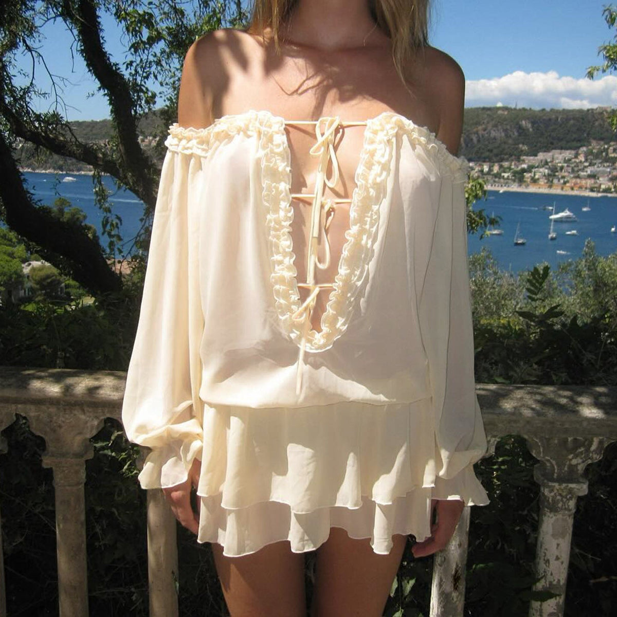 Women's Blouse with Ruffle Details and Lace-Up Accents