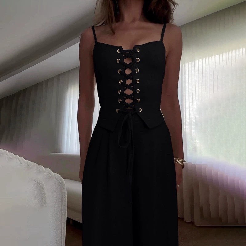 Women's Jumpsuit with Feminine Lacing and Wide Leg