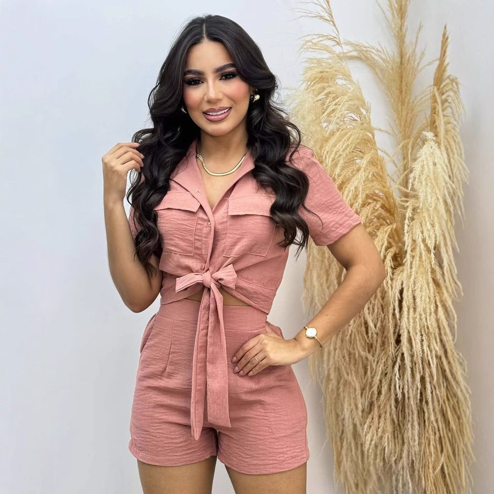 Women's Cropped Blouse and Shorts Set with Knot Detail