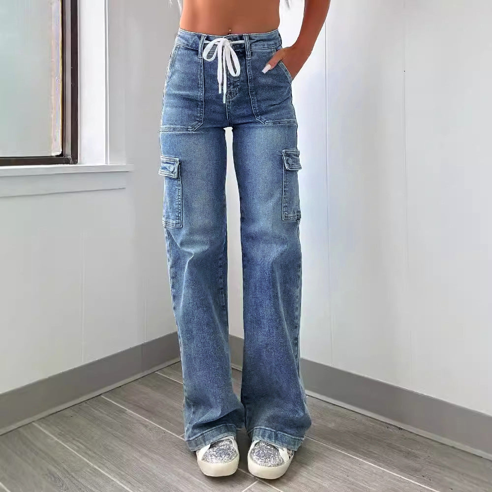 Women's Cargo Jeans with Soft Waistband and Pockets