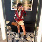Women's Knit Cardigan with Fringed Details and Geometric Pattern