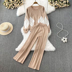 Women's Elegant Diamond Pattern Wide-Leg Knit Loungewear Set