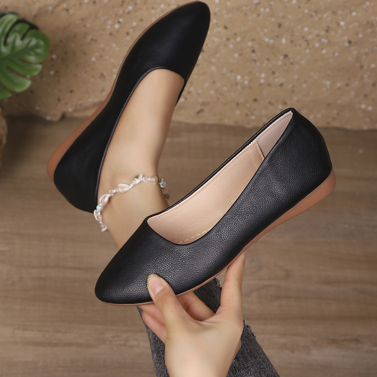 Women's Soft Leather Ballet Flats with Elegant Scoop Neck