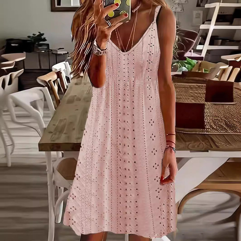 Women's Sleeveless Summer Dress with Decorative Eyelet Pattern and V-Neck