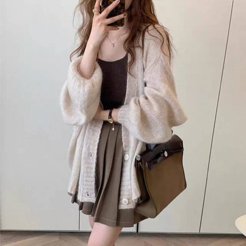 Women's Fluffy Knit Cardigan with Voluminous Sleeves and Button Details