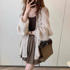 Women's Fluffy Knit Cardigan with Voluminous Sleeves and Button Details
