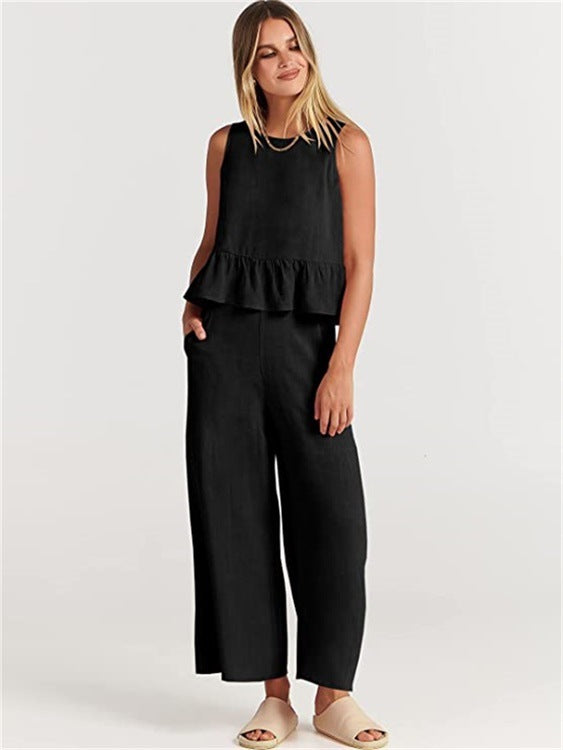 Women's Airy Two-Piece Set with Chic Peplum Top and Wide-Leg Pants