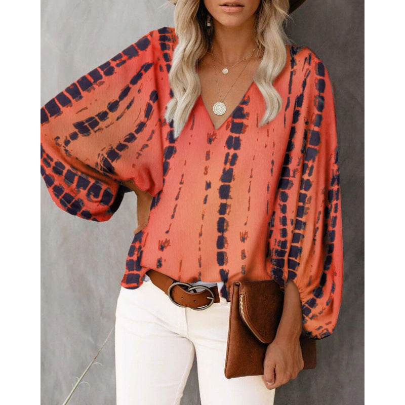 Women's Blouse with Wide Puff Sleeves and V-Neck