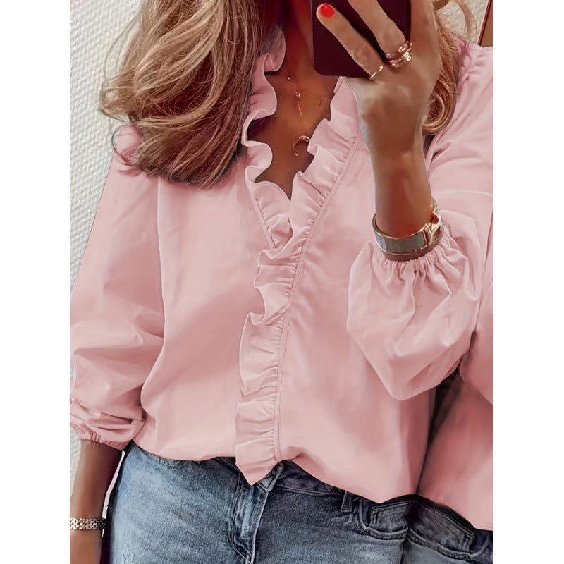 Women's Blouse with Ruffle Details and Stand-up Collar
