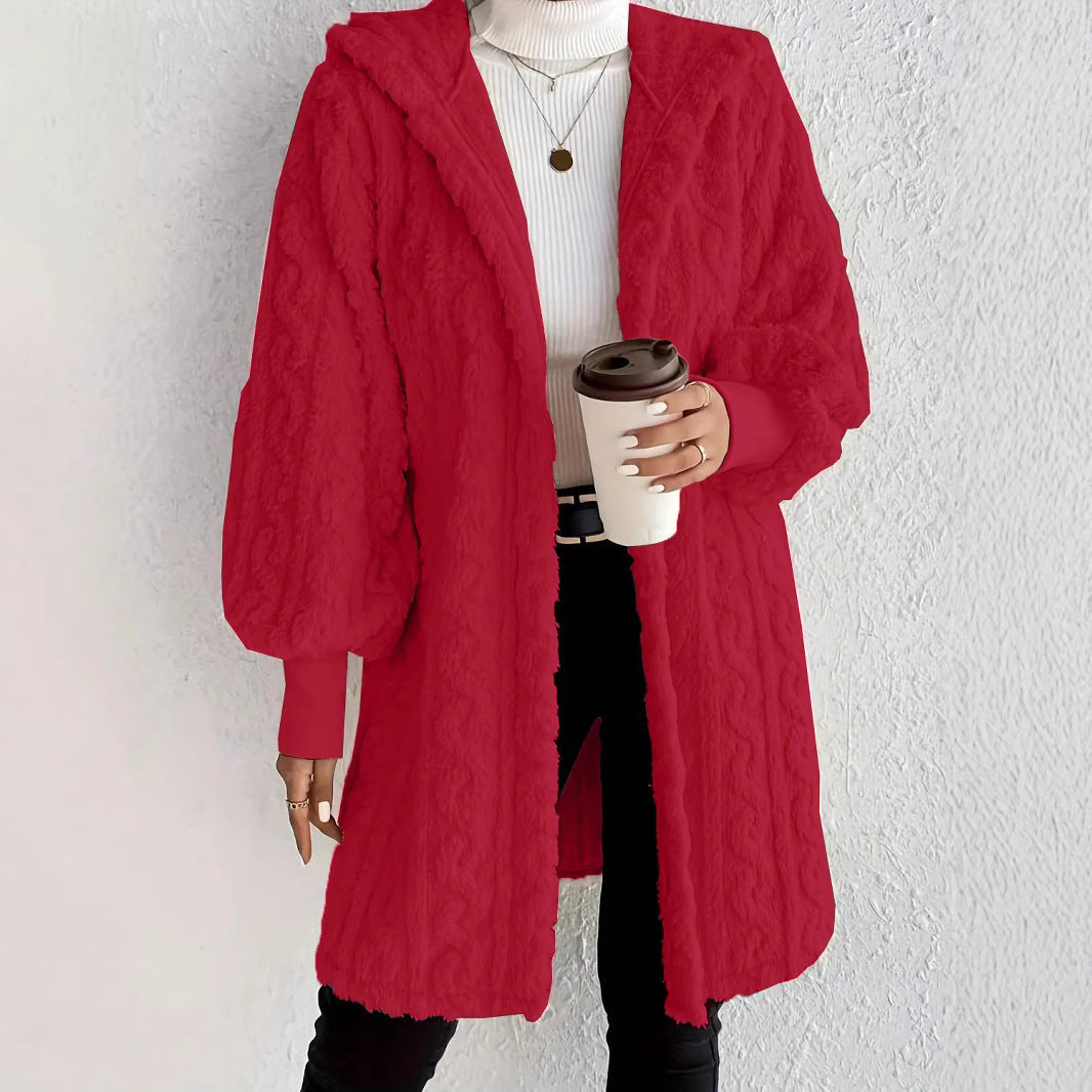 Women's Fluffy Oversized Cardigan with Hood and Pockets