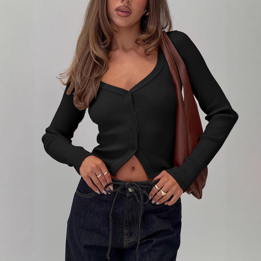Women's Elegant Ribbed V-Neck Cardigan with Button Placket