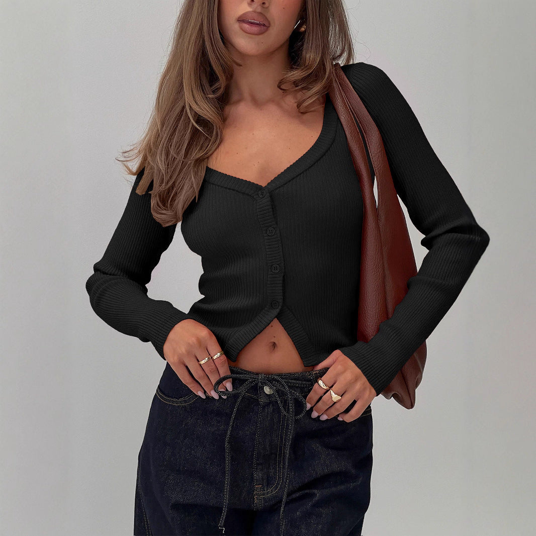 Women's Elegant Ribbed V-Neck Cardigan with Button Placket