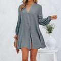 Casual Blouse with Balloon Sleeves and Full Button Placket