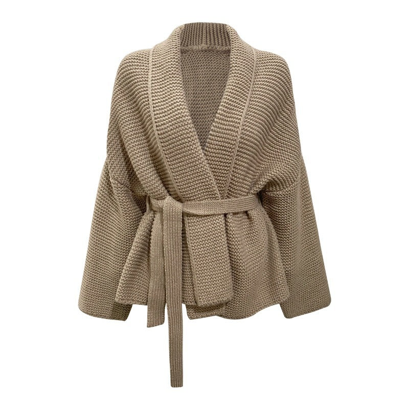 Women's Chunky Knit Cardigan with Modern Wrap Design and Wide Collar