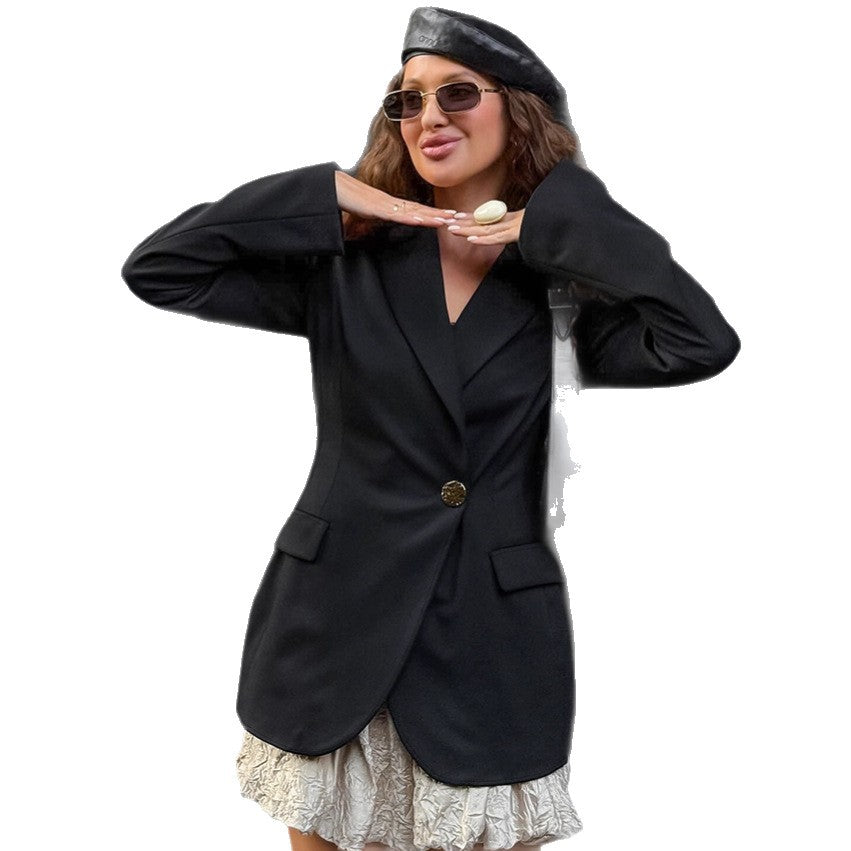 Elegant Blazer with Asymmetrical Silhouette and Gold Button Details
