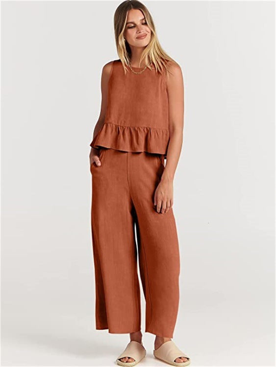 Women's Airy Two-Piece Set with Chic Peplum Top and Wide-Leg Pants