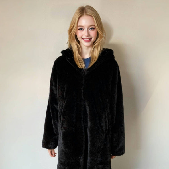 Elegant Women's Faux Fur Coat with Hooded Collar and Side Pockets
