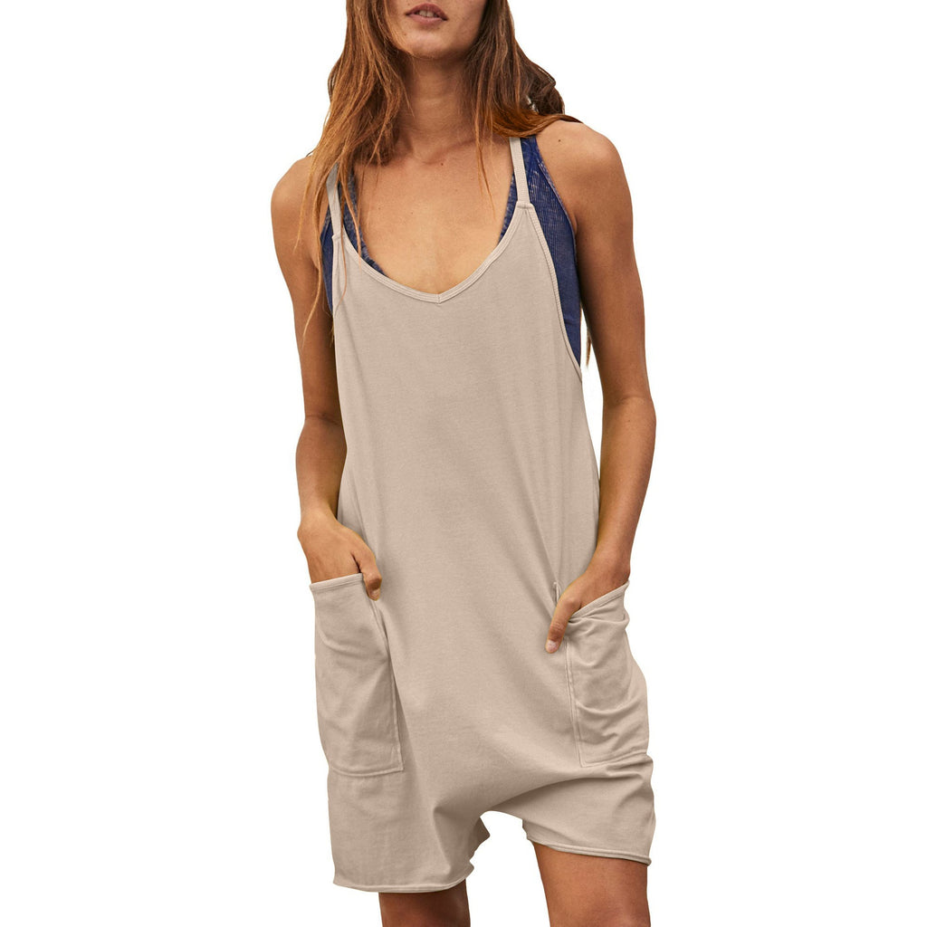 Women's Comfortable Jumpsuit with Deep Neckline and Pockets