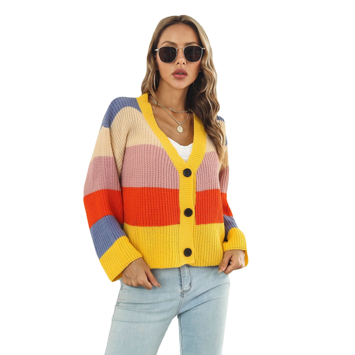 Women's Chunky Knit Cardigan with Button Details and Fashionable Color Play