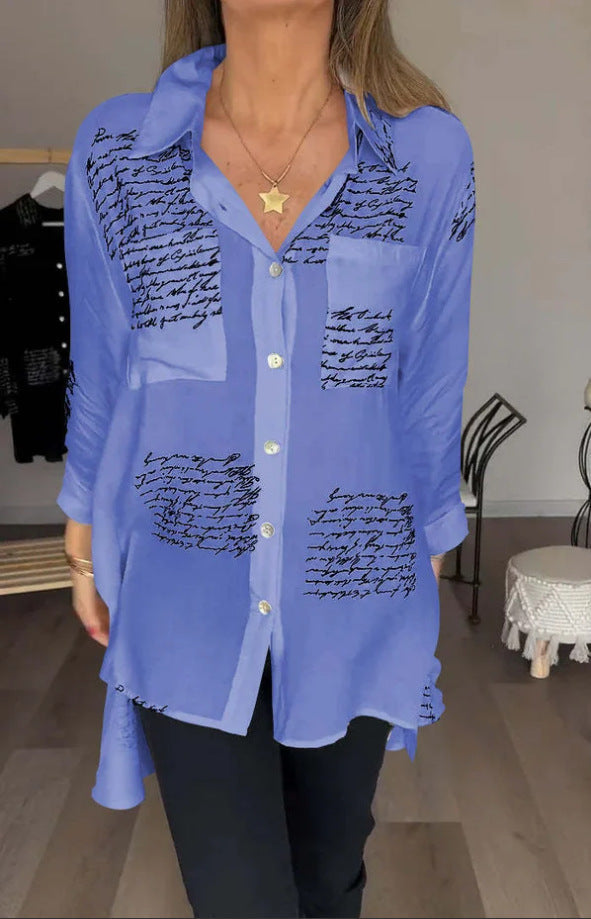 Women's Blouse with Modern Script Design and Loose Fit