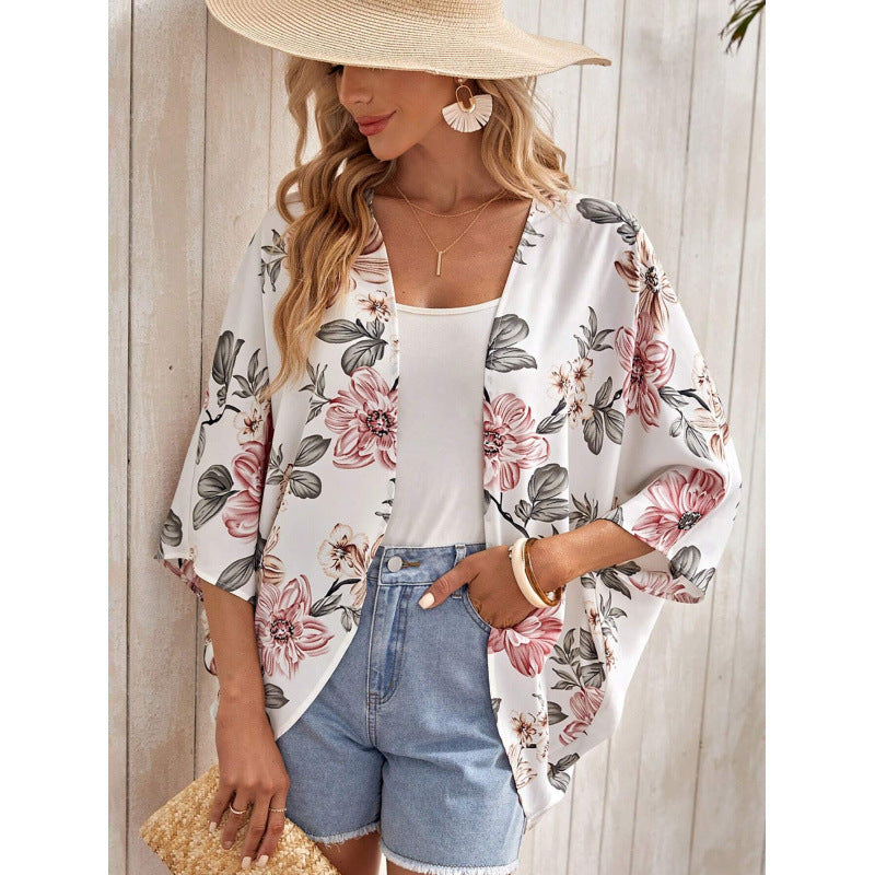 Women's Fashionable Kimono with Floral Design and Wide Sleeves