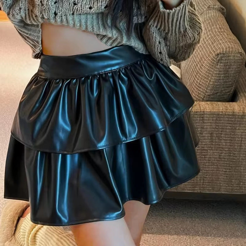 Women's Mini Skirt with Voluminous Tiered Design in Faux Leather