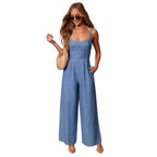 Women's Casual Denim Jumpsuit with Bustier Top and Wide Leg